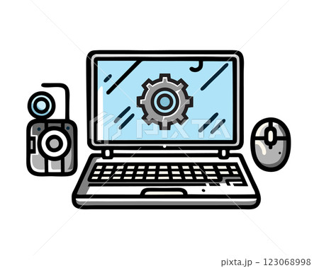 laptop with reel and vinyl record 123068998