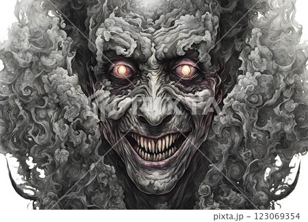 煙のような邪悪な悪魔の顔アップのイラスト 123069354