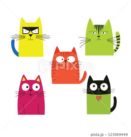 Set of Colorful Funny Naughty Cat Pet Animal Cartoon Character with Cute Expression 123069449