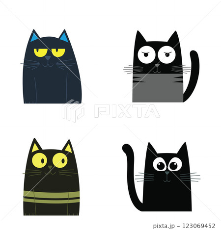 Set of Black Cute Naughty Cat Animal Cartoon Character with Humor Curious Lazy Face 123069452