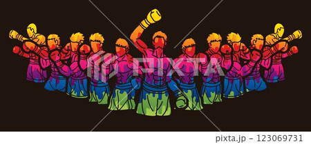 Boxing Sport Kickboxing Mix Action Muay Thai Group of Fighter Cartoon Graphic Vector 123069731