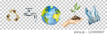 Arrow symbol set. A drop of pure water dripping from the tap. Heap dirt with a green plant growing sprout in human hand. Watercolor hand drawn Planet earth, brown recycling sign illustration isolated Arrow symbol set. A drop of pure water dripping from the tap. Heap dirt with a green plant growing sprout in human hand. Watercolor hand drawn Planet earth, brown recycling sign illustration isolated 123069807