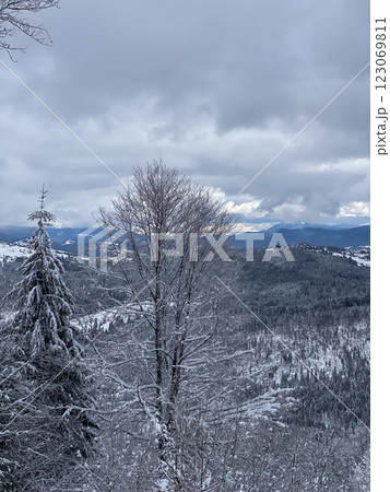 Snowy Mountain Landscape Under Cloudy Sky 123069811