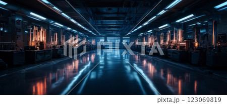 Modern Robotics Laboratory with Futuristic Equipment and Advanced Lighting Effects Modern Robotics Laboratory with Futuristic Equipment and Advanced Lighting Effects 123069819