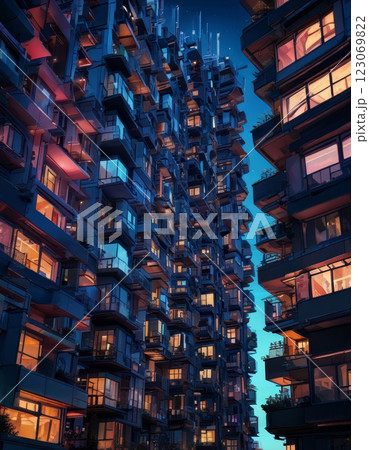 Modern High-Rise Architecture Illuminated at Night with Vibrant City Lights 123069822
