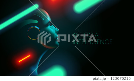 AI. Artificial intelligence robot in human face or head concept. Artificial neural network in woman head looking at up. AI mind. Clever face ai in green, red neon light. Head cyborg or robot wise look 123070210