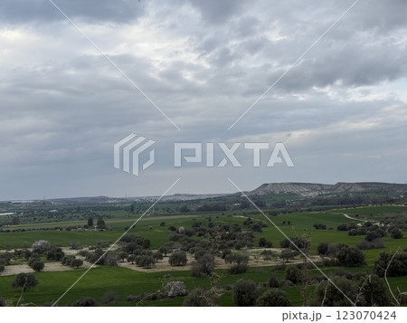 Scenic view of lush green landscape. Spring time, beautiful view of the mountainous area. 123070424