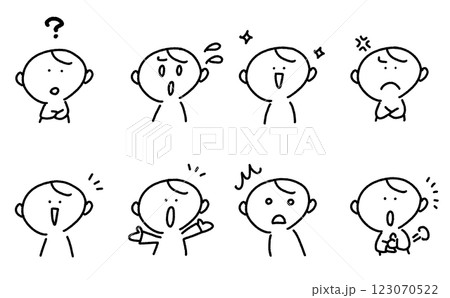 様々な表情の男性のセット　はてな・嬉しい・怒る・思い付く 123070522