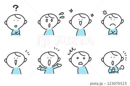 様々な表情の男性のセット　はてな・嬉しい・怒る・思い付く 123070523