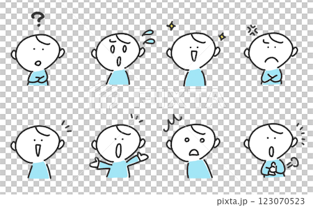 様々な表情の男性のセット　はてな・嬉しい・怒る・思い付く 123070523