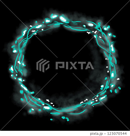 Neon Turquoise Asymmetrical Frame with Plant Motif, Fog, Illustration Template for Web and Print Use Neon Turquoise Asymmetrical Frame with Plant Motif, Fog, Illustration Template for Web and Print Use 123070544