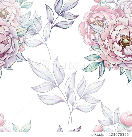 A harmonious arrangement of soft pink peonies and graceful leaves brings beauty to any space, showcasing natures charm in watercolor style seamless pattern, background 123070596
