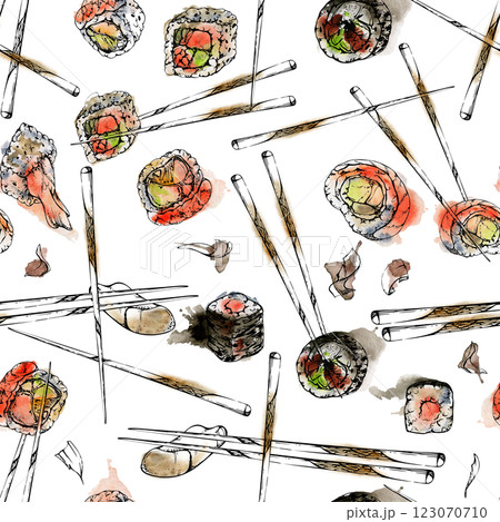 Japanese food sushi rolls, california philadelphia alaska on chopsticks with raw fish salmon unagi tuna shrimp, hand drawn in watercolor and ink. Seamless pattern for restaurant cafe menu, recipe book 123070710