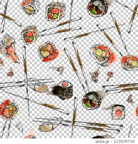 Japanese food sushi rolls, california philadelphia alaska on chopsticks with raw fish salmon unagi tuna shrimp, hand drawn in watercolor and ink. Seamless pattern for restaurant cafe menu, recipe book 123070710