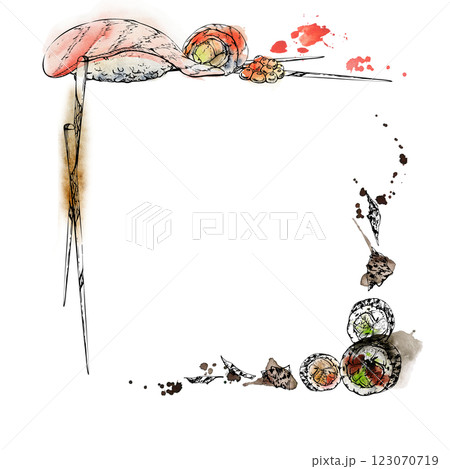 Japanese food nigiri sushi, alaska unagi roll, raw fish salmon tuna seabass, caviar topping, nori flakes chopsticks, watercolor ink hand drawn. Frame for restaurant, cafe menu, kitchen, recipe book Japanese food nigiri sushi, alaska unagi roll, raw fish salmon tuna seabass, caviar topping, nori flakes chopsticks, watercolor ink hand drawn. Frame for restaurant, cafe menu, kitchen, recipe book 123070719