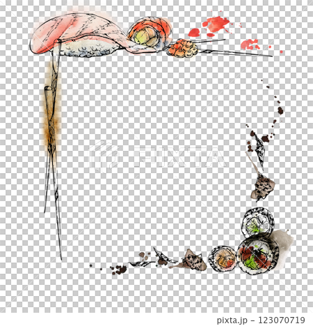 Japanese food nigiri sushi, alaska unagi roll, raw fish salmon tuna seabass, caviar topping, nori flakes chopsticks, watercolor ink hand drawn. Frame for restaurant, cafe menu, kitchen, recipe book Japanese food nigiri sushi, alaska unagi roll, raw fish salmon tuna seabass, caviar topping, nori flakes chopsticks, watercolor ink hand drawn. Frame for restaurant, cafe menu, kitchen, recipe book 123070719