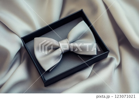 Elegant Silver Bow Tie in Luxurious Gift Box on Satin Fabric Background 123071021