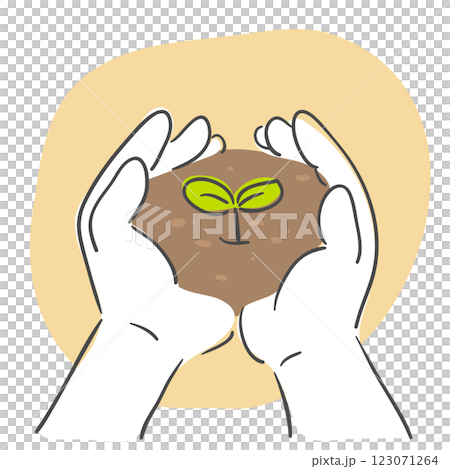 An illustration of hands holding soil and a sprout 123071264