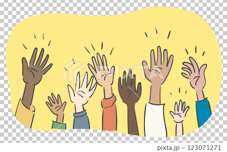 An illustration of various hands raised in the air 123071271