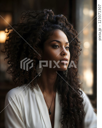 An Elegant Woman with Beautiful Curly Hair Captured in Soft and Inviting Natural Light An Elegant Woman with Beautiful Curly Hair Captured in Soft and Inviting Natural Light 123071307