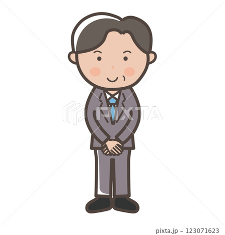 接客ポーズで出迎える中年の男性ビジネスマンの全身イラスト 123071623