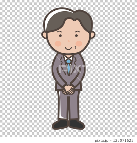 接客ポーズで出迎える中年の男性ビジネスマンの全身イラスト 123071623