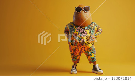 Potato in a fashionable summer jumpsuit, summer background 123071814