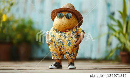 Potato in a fashionable summer jumpsuit, summer background 123071815