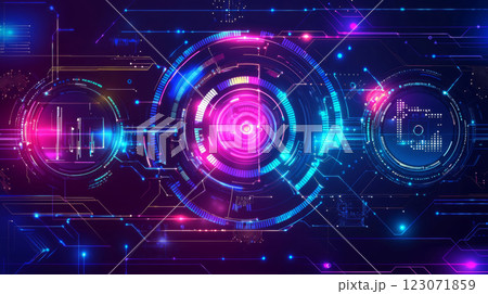 Cyber Tech background, with glowing interface panels and neon purple and blue color scheme 123071859