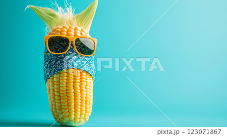 A charismatic ear of corn with a summer bandana and cool shades a vivid backdrop. A charismatic ear of corn with a summer bandana and cool shades a vivid backdrop. 123071867