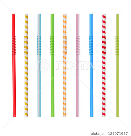 Cocktail straws. Cocktail straws of different colors and shapes in cartoon style. Colored cocktail straws. Vector illustration 123071957