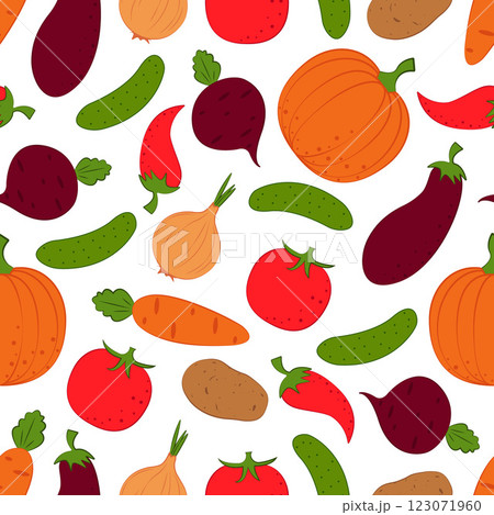 Vegetables are a pattern. Seamless pattern with the image of vegetables such as pumpkin, beetroot, cucumber,potatoes and also pepper, eggplant and carrots. Vegetables in a linear style. Vector Vegetables are a pattern. Seamless pattern with the image of vegetables such as pumpkin, beetroot, cucumber,potatoes and also pepper, eggplant and carrots. Vegetables in a linear style. Vector 123071960