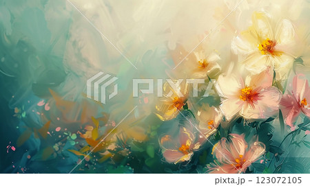 Floral background with copy space, romantic soft greeting card design, painting with oil colors Floral background with copy space, romantic soft greeting card design, painting with oil colors 123072105