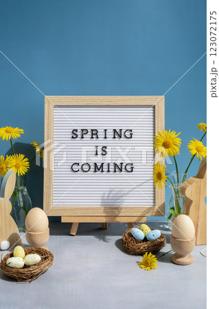 Letter board with message SPRING IS COMING on festive blue background and eco-friendly zero waste natural decoration. Yellow daisies flowers. Bunny egg. Holiday greeting Letter board with message SPRING IS COMING on festive blue background and eco-friendly zero waste natural decoration. Yellow daisies flowers. Bunny egg. Holiday greeting 123072175