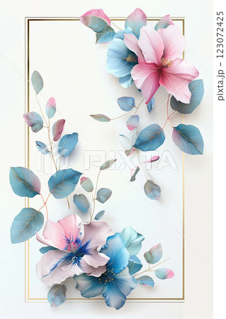 Elegant frame of pastel blue and pink spring flowers with empty space in the middle 123072425