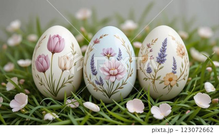 Floral Watercolor Easter Eggs on Green Grass 123072662