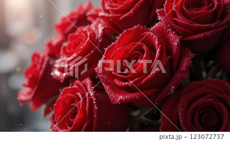 Romantic Red Rose Bouquet with Water Droplets 123072737
