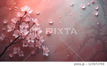 Minimalist Floral Art with Soft Pink Sakura. Soft Red Background. 123072769