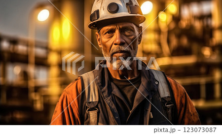 Dusk Work: Industrial Worker in Helmet and Uniform 123073087