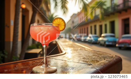 Vibrant Cuban daiquiri in coupe glass on a sunny street in Havana 123073465