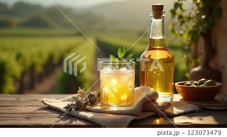 Cloudy pastis in a glass on a rustic wooden table in a vineyard setting 123073479