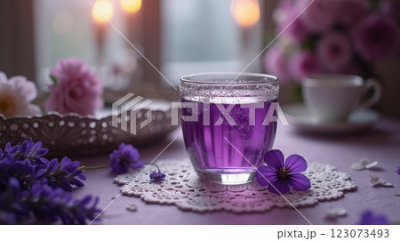 Explore the vibrant hue of Parma violet liqueur on a cozy table setting Explore the vibrant hue of Parma violet liqueur on a cozy table setting 123073493