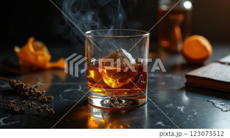 Whiskey on rocks with smoke and citrus in a dimly lit setting Whiskey on rocks with smoke and citrus in a dimly lit setting 123073512