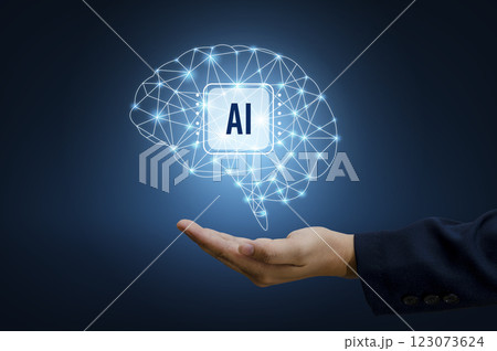 Illustration of an abstract futuristic background with digital technology and artificial intelligence concepts. The text AI 123073624