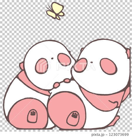 壁によりかかりながら蝶を見あげる子パンダたち(赤色) 123073699