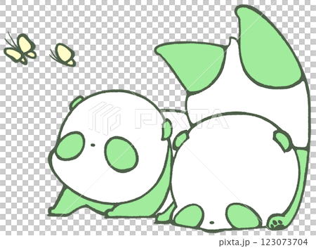 A baby panda looking up at a butterfly and a baby panda (green) falling on its head and hanging upside down 123073704