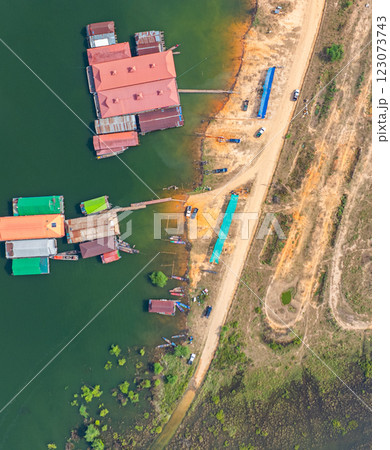 Aerial top View of Lakeside Village  Lifestyle of the villagers near Doi Tao Lake 123073743