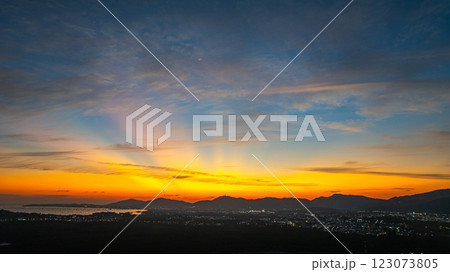 Aerial view of Panoramic Sunset Over Coastal Cityscape of Phuket Aerial view of Panoramic Sunset Over Coastal Cityscape of Phuket 123073805