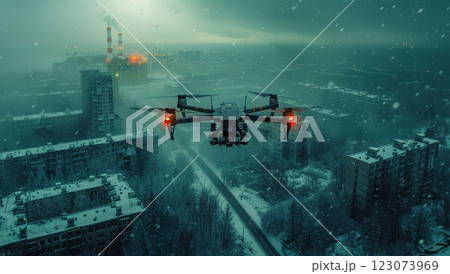 A military drone flying over the abandoned city of Pripyat and destroyed Chernobyl Nuclear Power Plant A military drone flying over the abandoned city of Pripyat and destroyed Chernobyl Nuclear Power Plant 123073969
