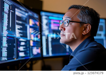 Cybersecurity expert observes multiple screens displaying network activity. 123074179